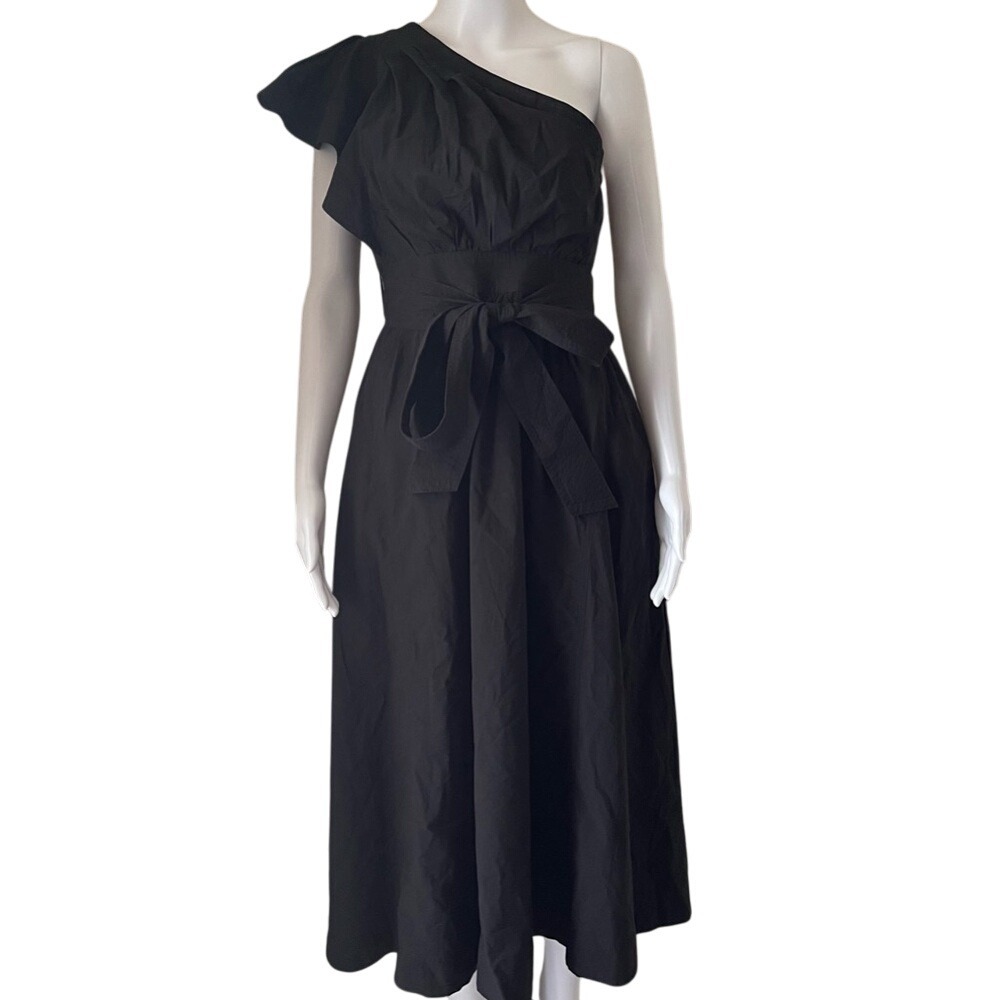 Madewell Black Cotton One Shoulder Ruffle Flowy Midi Self Tie Belt Flowy Dress 2